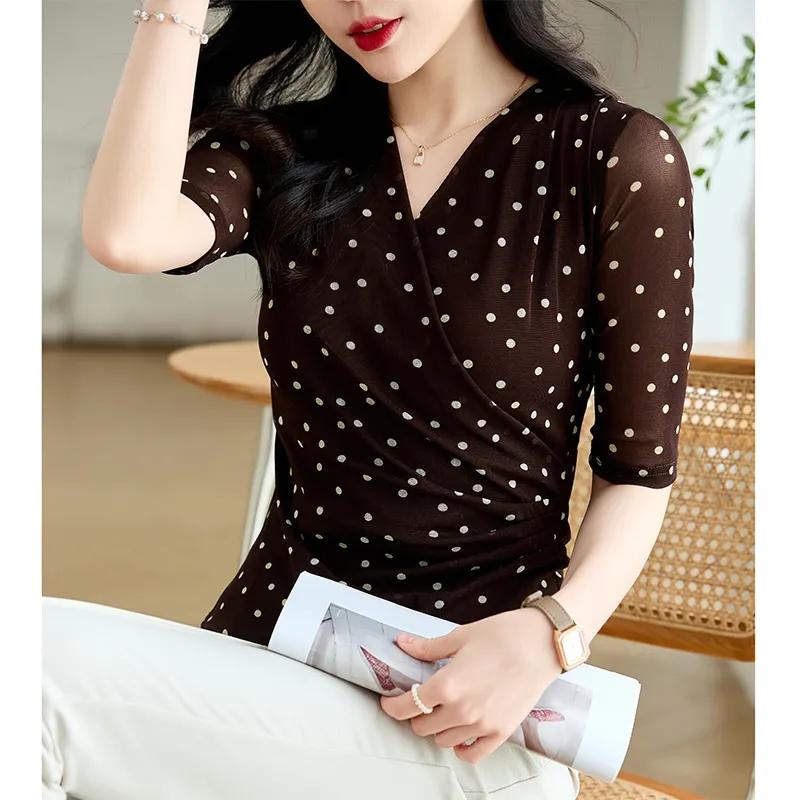 Women's Black Polka Dot V-Neck Half Sleeve Sheer Mesh Ruched Slim Fit Casual BlousePrinting