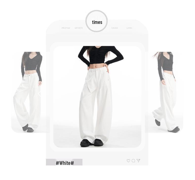 Women's American-Style Wide-Leg White Jeans: Autumn/Winter Pleated Casual Straight Floor-Length Pants