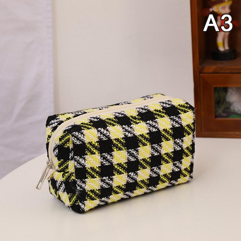 Black Canvas Plaid Travel Cosmetic Lipstick Storage Bag Cute Girls Makeup Handbags Organizer Stationery Pencil Cases Pouch Bag
