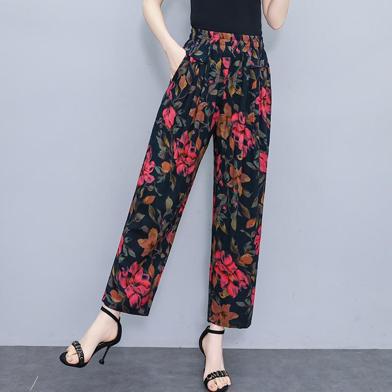

Женские брюки с высокой талией, большие размеры, свободные винтажные летние брюки с эластичной талией, одежда для женщин среднего возраста 4XL