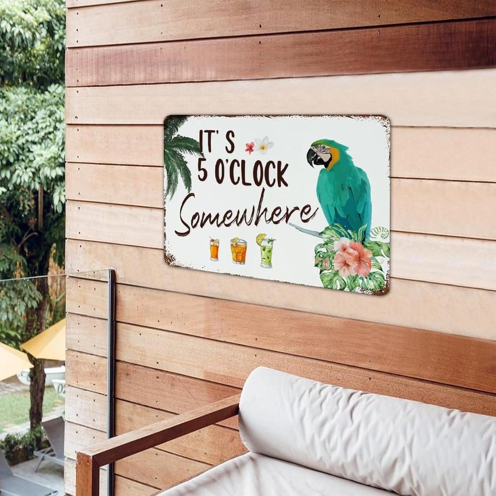 Autravelco It's Five O'clock Somewhere 12x18 Inch Metal Signs Farmhouse Shop Kitchen Dining Room Wall Decor Garage Signs Macaw Summer Hawaiian