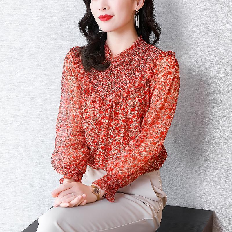 Vintage Elegant Printed Button Chiffon Shirt Spring Ruffled Neck Long Lantern Sleeve Loose Pullover Blouse Women's Clothing
