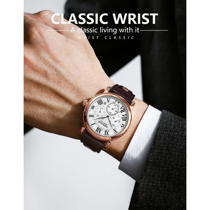 POEDAGAR Men Watch Fashion Chronograph Leather Quartz Watches Waterproof Luminous Sport Sport Wristwatch Six Needle Watch