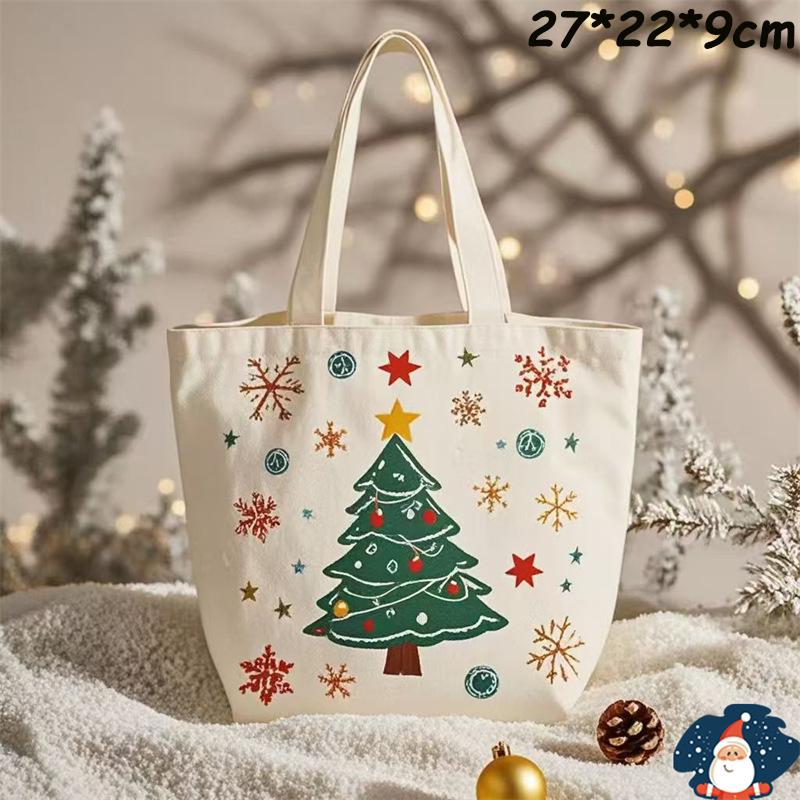 Happy New Year Christmas Gift Bags Cartoon Santa Claus Elk Christmas Tree Tote Canvas Bag Large Capacity Holiday Shopping Bag