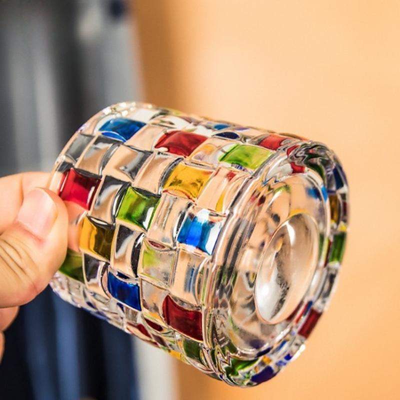 Spinning Colorful Whiskey Glass with Wooden Base Hand Painted Rotating Design for Stress Relief Fun Bar Decor Gift