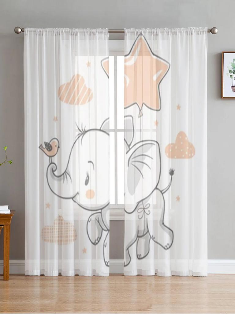 Cartoon Little Elephant With Star And Moon Sheer Curtains For Living Room Window Transparent Voile Tulle Curtain Bedroom Drapes