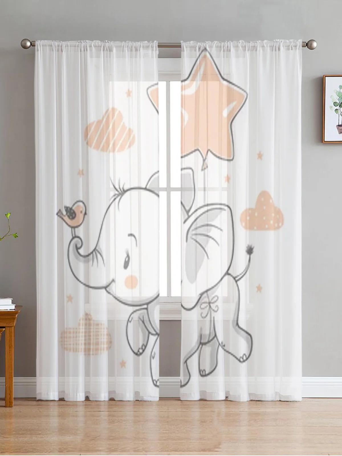 

Прозрачные шторы «Маленький слон со звездой и луной» для окна гостиной, прозрачная вуаль, тюлевая занавеска, шторы для спальни W50 X H130(CM)X2&Grommet Top
