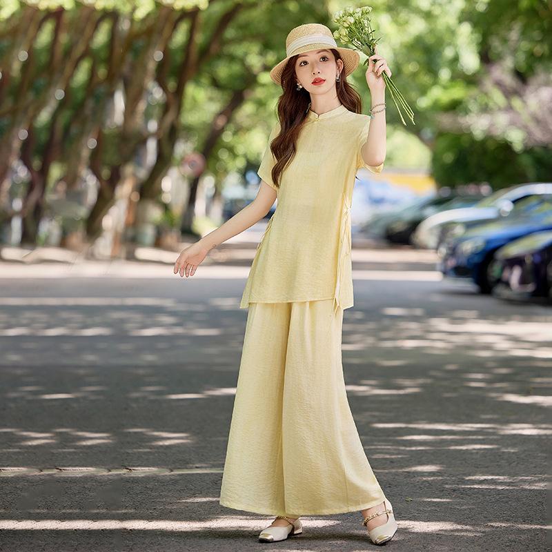 Summer new new Chinese style with suspenders top wide-leg pants two-piece set women's summer thin fashion casual women's clothing set
