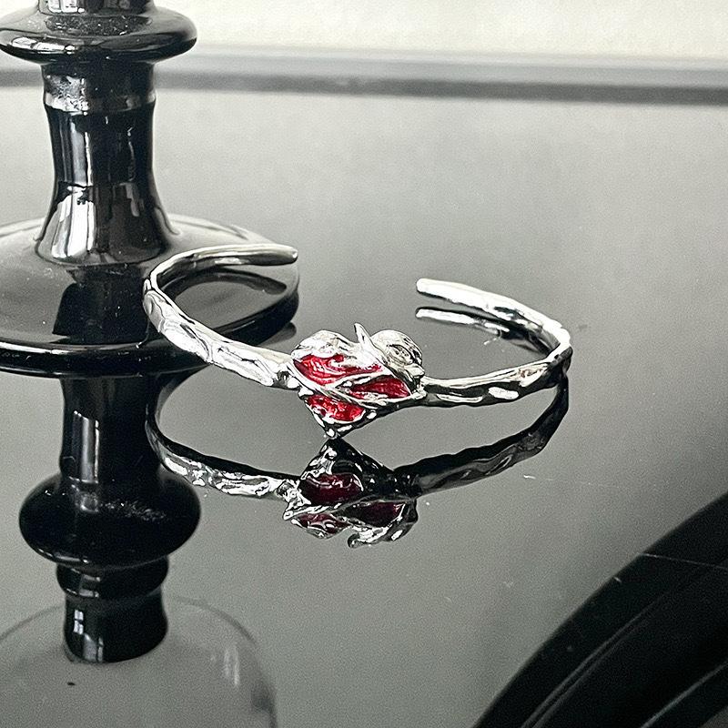 Fashion Punk Red Crystal Heart Irregular Open Adjustable Ring Bangle For Women Personality Vintage Aesthetic Jewelry Accessories
