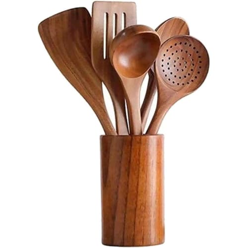 Desirable 5-Piece Kitchen Utensil Set, Made from Natural Acacia Wood, Carved from a Block of Wood, No Glue, Includes Rice Paddle, Spatula, Turner, Ski