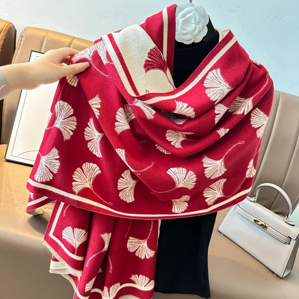 Korean Atmosphere Scarf Women'S Spring, Autumn And Winter Double-Sided Ginkgo Biloba Leaves Thickened Long Imitation Cashmere Air-Conditioned Room