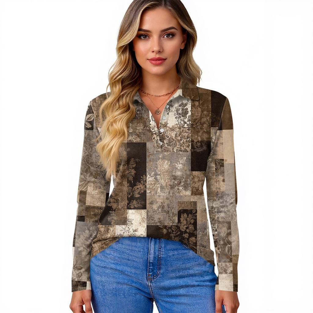 Damenmode Casual Revers Kurze Langarm Print Shirt Damen Button Up Tops