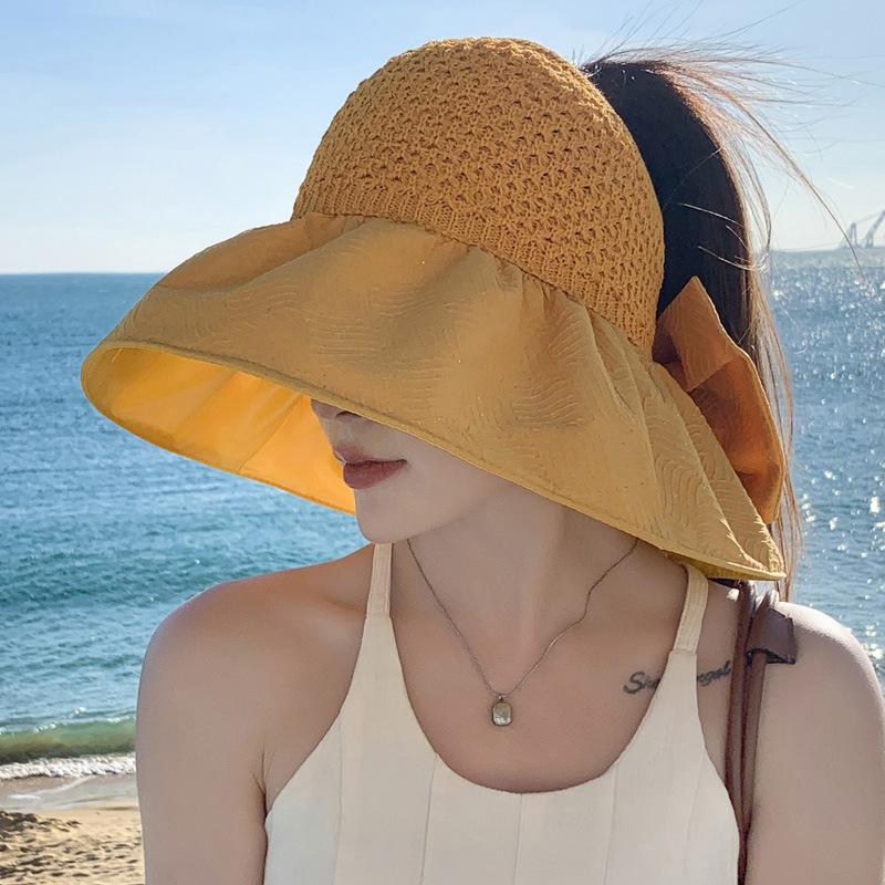 Mode Atmungsaktiver Fischerhut Breite Krempe Gesichts- und Nackenschutz Strand Sonnenhut Große Schleife Visorhut Sommer