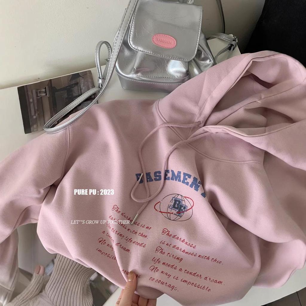 Women's Oversized Pink Letter Print Heavyweight Hoodie - Spring Loose Fit Long Sleeve Sweatshirt.