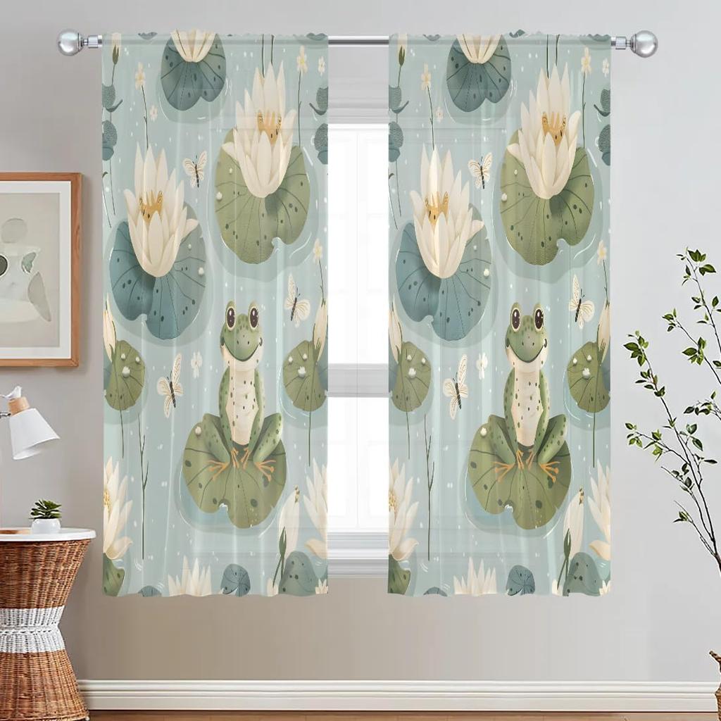 Kawaii Cartoon Frog Curtain Living Room Bedroom Dining Voile Drape Kitchen Window Tulle Curtains Home Essentials Sheer Polyester Ideal For Area