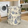 1 Vintage French-Style Toile De Jouy Laundry Basket with Victorian Lady and Floral Pattern - Large Capacity Foldable Round Clothes Storage Hamper, and
