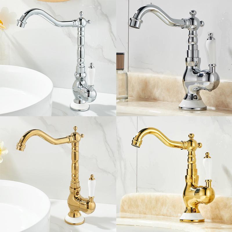 Brass Gold Bathroom Basin Sink Faucet Deck Mounted Single Handle Hot and Cold Water Mix Tap Golden Faucets Chrome EL2189
