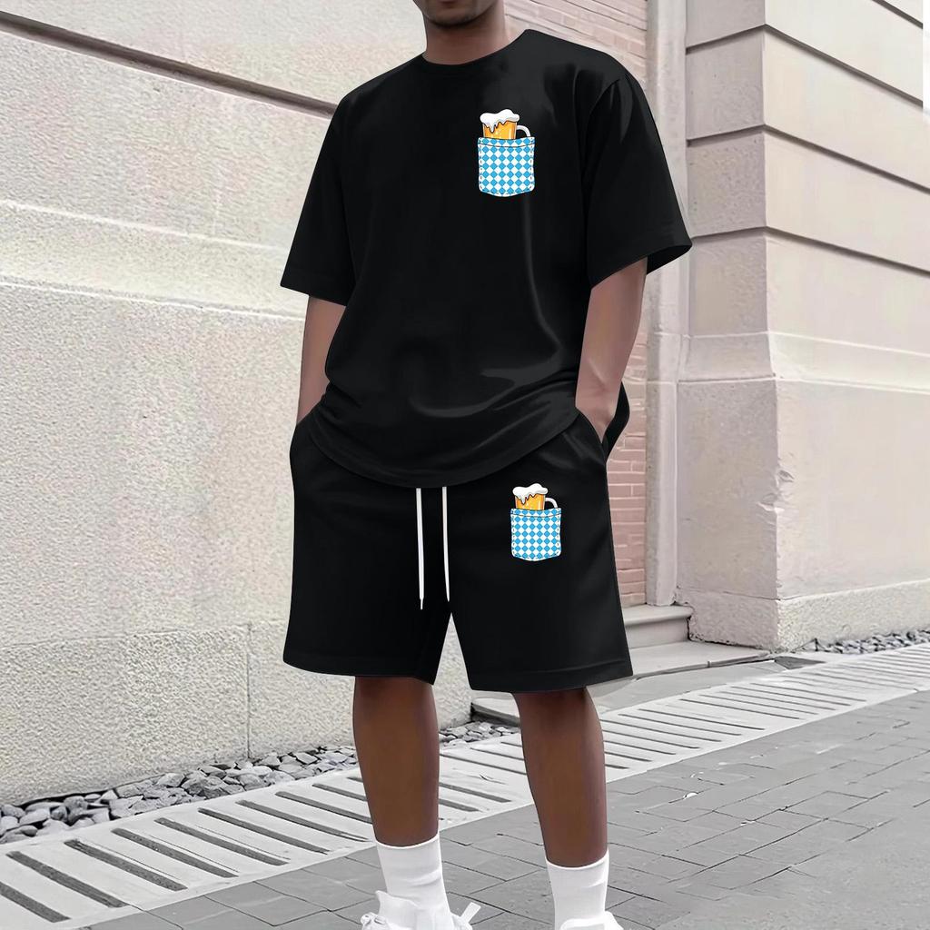 Herren Casual Kurzarm T-Shirt und Shorts Set Rundhalsausschnitt Oberteil und Bund mit Kordelzug Unterteil mit Taschen detail Geeignet für den täglichen Gebrauch