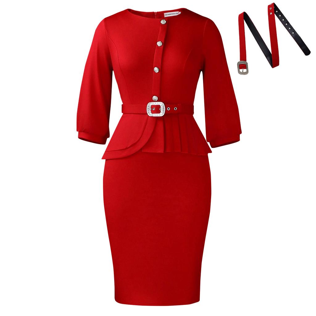 Women's clothing new style temperament elegant commuter round neck seven-quarter sleeve hip dress