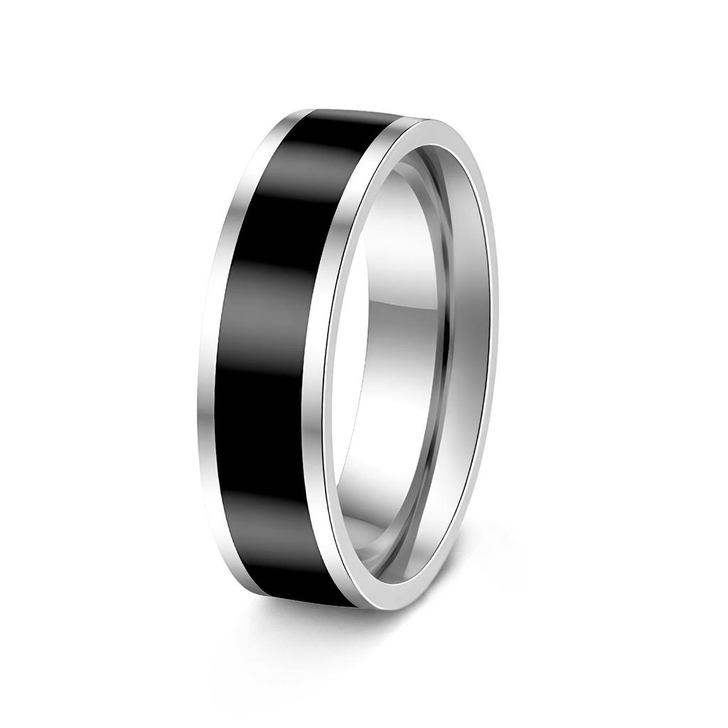 Japanese Korean INS Style Black Stripe Stainless Steel Couple Ring Set