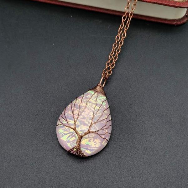 Vintage Handmade Copper Wire Winding Water Drop Tree Of Life Color-Changing Corrugated Resin Necklace Pendant Exquisite N516