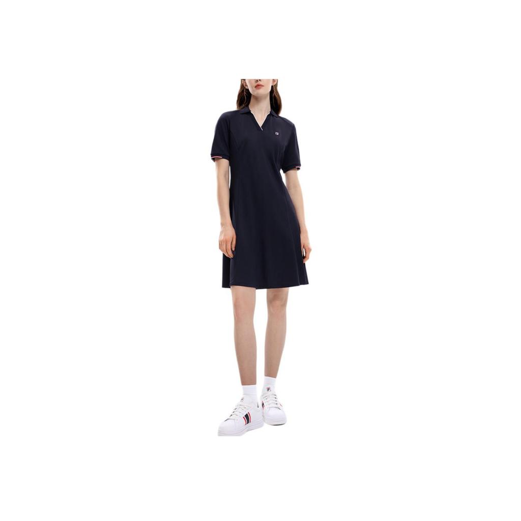 Fila Logo Casual Fashion Versatile Knitted Commuter Simple Mid-Length Mid-Waist Pullover V-Neck Short Sleeve Dress Women Dresses F11W331301FNV