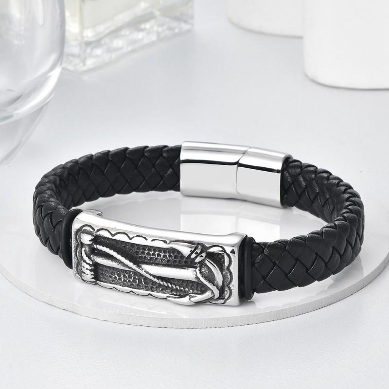 Mens Stainless Steel Braided Leather Bracelet With Magnetic Clasp Geometric Anchor Design INS Style
