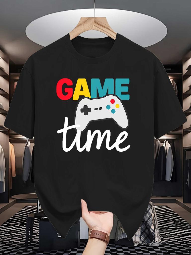 Unisex Crew Neck Tee Game Time Colorful Gamepad Art Graphic Print Soft Cotton Loose Short Sleeve Summer Casual Male Streetwear Tops