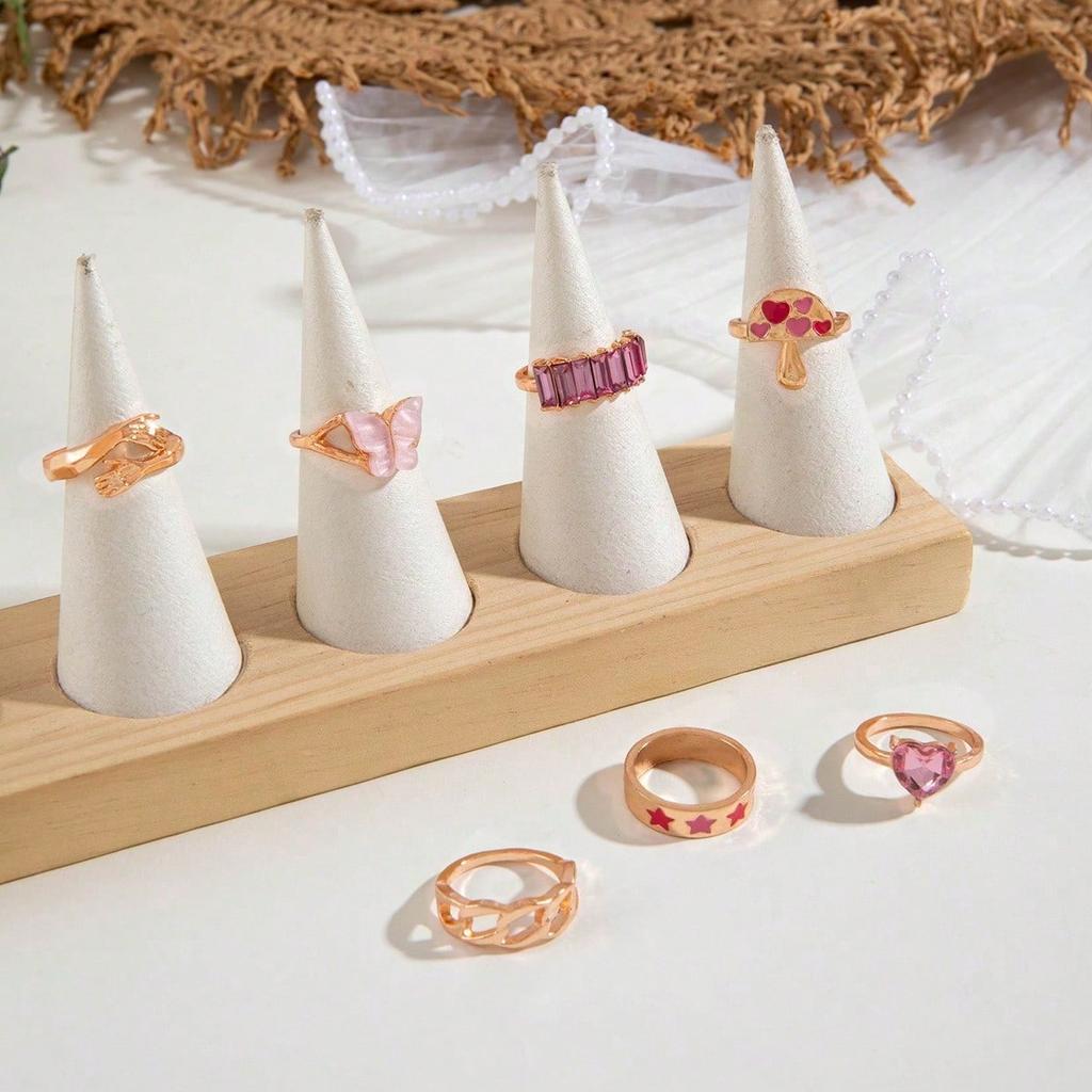 Pink oil drip mushroom star gemstone ring Butterfly heart diamond palm ring set