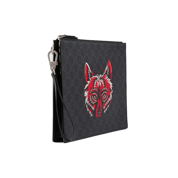 Gucci Wolf Head Print Logo Canvas And Leather Clutch Men Clutch Black Gray Red 547084-914AN-9789