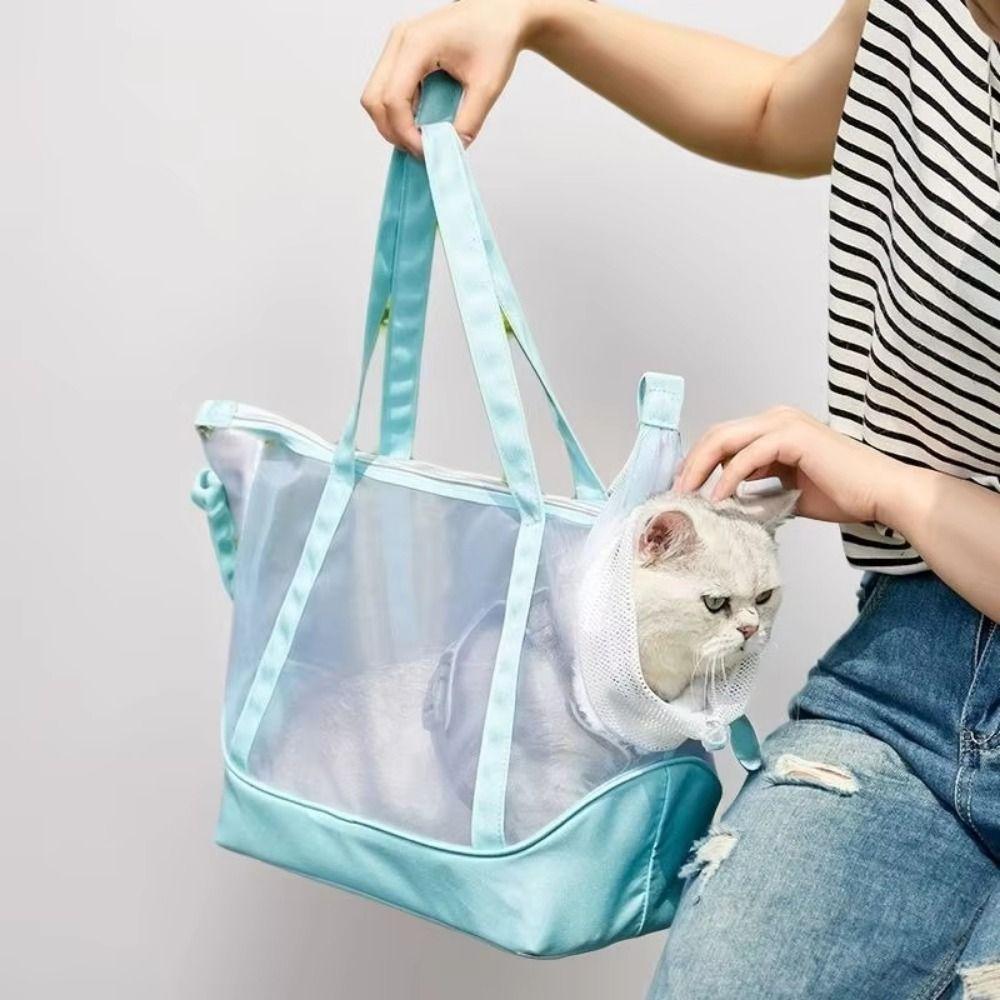 Breathable Mesh Cat Carrier Large Space Adjustable Portable Pet Shoulder Bag Two Holes with Handle Cat Transport Handbag