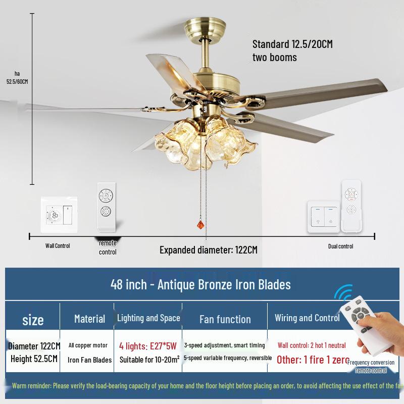 Mid-Century European Retro Ceiling Fan Light with Iron Blades - Variable Frequency High Airflow for Living Rooms or Restaurants.