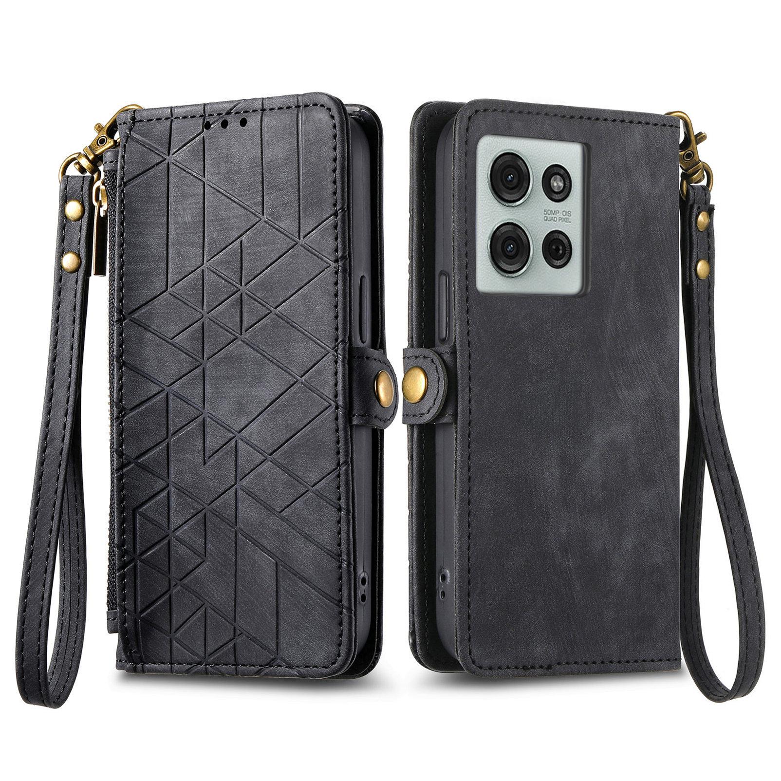 

For Motorola Moto G75 5G Case Zipper Wallet Geometry Lines Leather Phone Cover Black