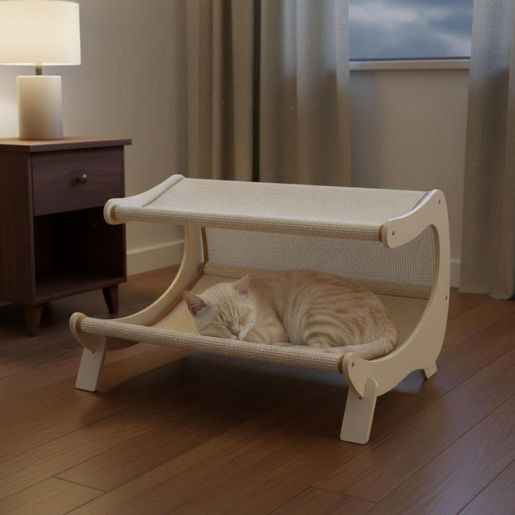 Wooden Pet Scratch Lounge Year-Round Sisal Scratcher Bed Wear-Resistant