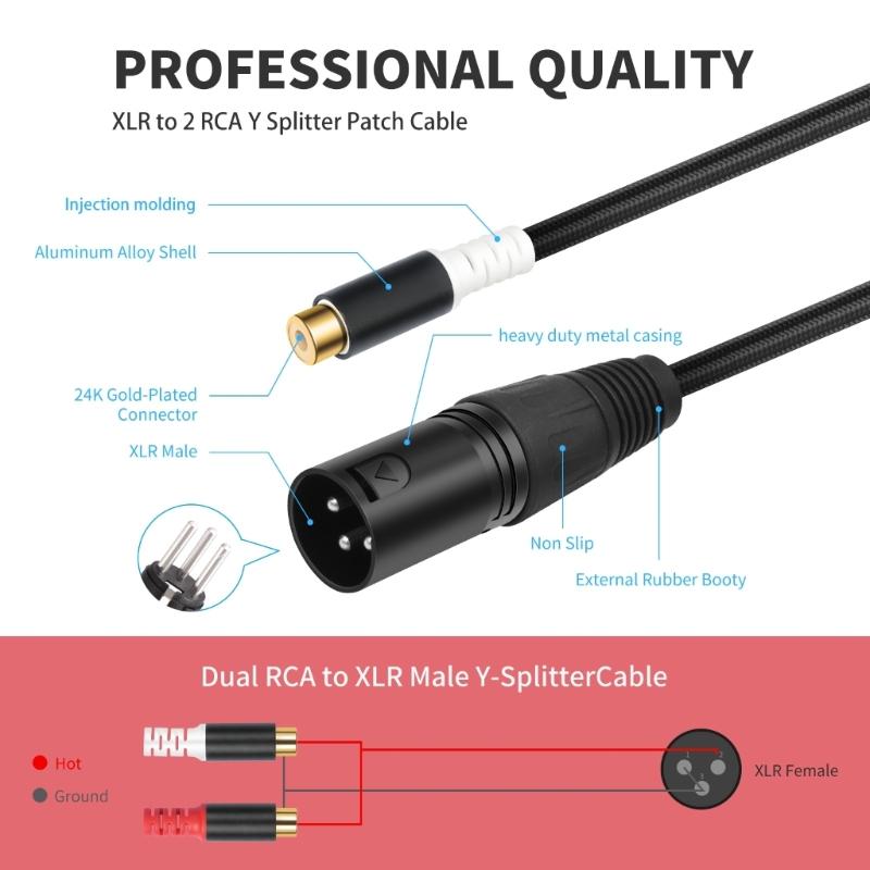 2RCA Female to XLR Male Converter Cable Professional Sound Connector 30cm Length Nylon Texture for Speaker