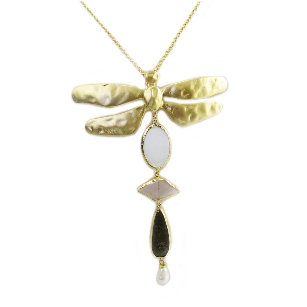 Les Trésors De Lily [Q5613] - Handmade Long Necklace 'Cléopatra' Green Beige Gold (dragonflies) - 70 Cm - 13x9 Cm