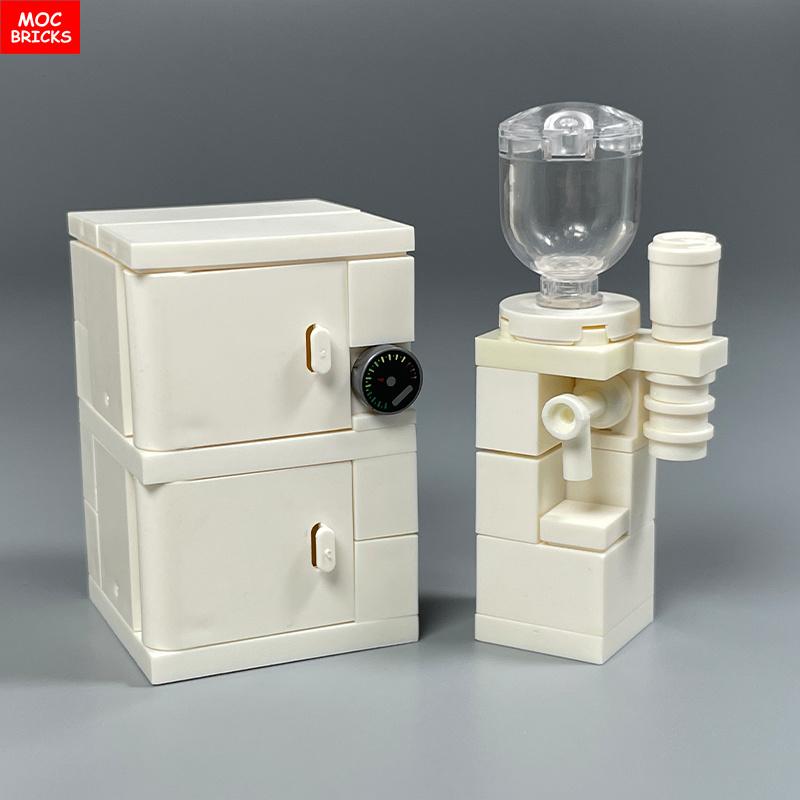 MOC Blocks Kitchen Cabinet Tableware Tool Coffee Maker Machine Water Dispenser Cooking Bench Learning Construction Block Children Toy