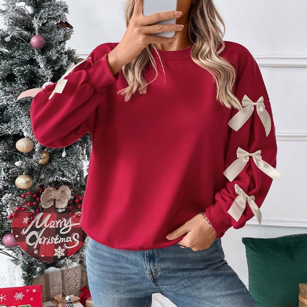 2025 Autumn Winter Women's Red Christmas Sweatshirt Bowknot Round Neck Sweet Style Pullover Top for Holiday