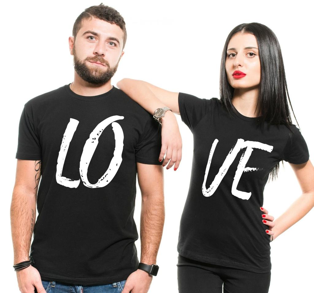 Couple LOVE T-shirt Mens Cotton Shirt Womens Fit Shirt LO VE Husband Wife Tees