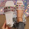 2024 High Quality Ladies Shoes Summer Women's Slippers Square Toe Mixed Colors Brilliant Diamond Open Toe Low-heeled Slippers