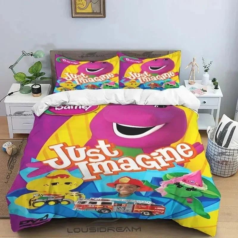 Barney Friends Cute Cartoon Bedding Set Dinosaur Pattern Duvet Cover Pillow Case Boys Bedroom Double King Size Comforter Gift