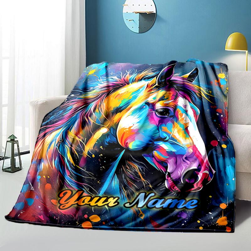 1PC Custom Name Colorful Horse Portrait flannel blanket versatile,all-season throw suitable for the living room,bedroom,camping,travel,and gift
