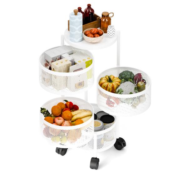 Rotating Storage Rack Fruit Basket for Kitchen 3/4/5 Tier Circular Rotating Basket Fruit and Vegetable Metal Wire Shelf with Top Lid (White)