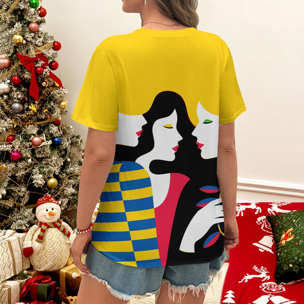 Abstract Faces Design Women's Yellow T-Shirt Casual Summer Style Round Neck Short Sleeve Top For Daily Wear