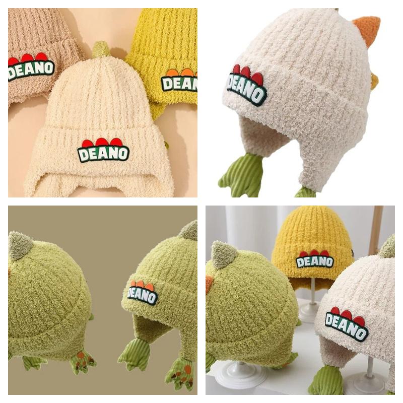 Winter Kids' Thickened Ear-Warming Windproof Fleece-Lined Beanie Cute 3D Dinosaur Knit Beanie