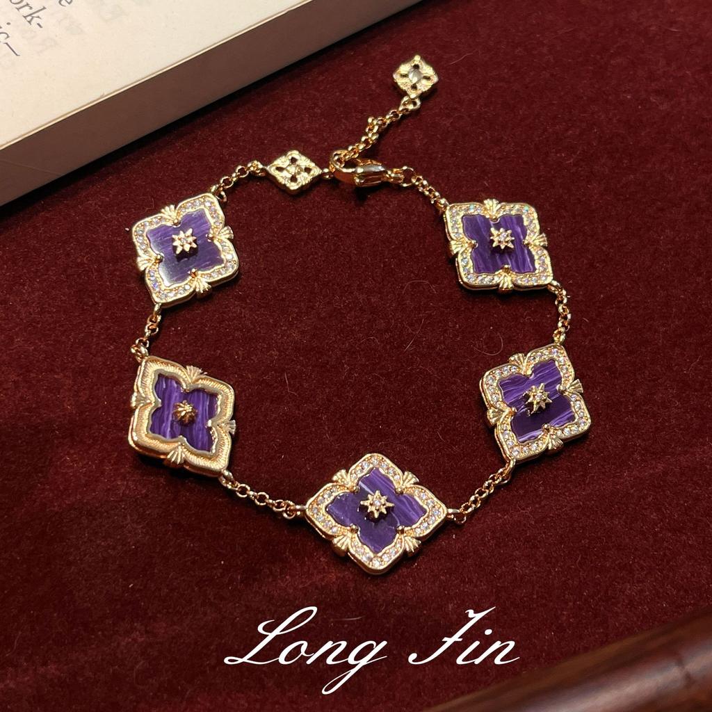 French Retro Four-Leaf Clover Window Grilles, Purple Dragon Crystal Jewelry Set, Necklace, Bracelet, Earrings, And A Ring.
