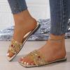 Fashion Summer Women Fashion Rhinestone Slippers Gold Silver Sequin Flat Bottom Slides Sandals Woman Square Toe Outdoor Beach Flip Flops