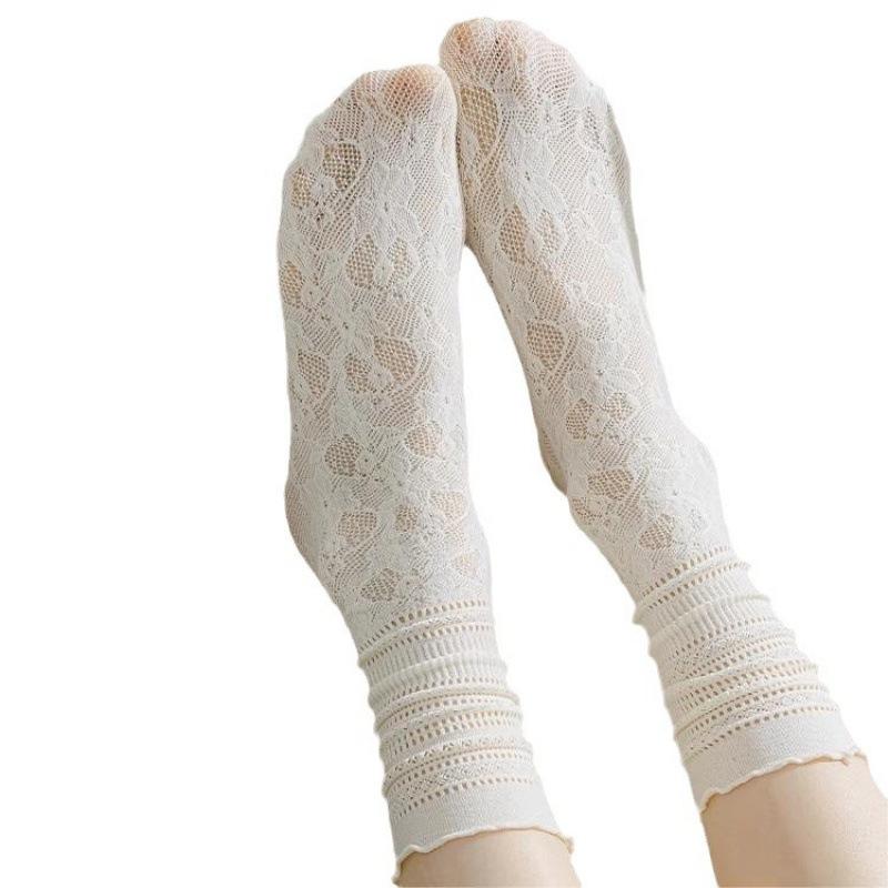 Japanese Style Black Fungus Edge Hollowed Out Lace Pile Socks Summer Thin Women's Breathable Design Mid Calf Socks Lace Socks