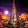 Luminous Halloween Hat Decorations Glowing Witch with Warm LED Lights Gold Mesh Wizard Lighted Cap for Party Hanging Decor Spooky Costumes,