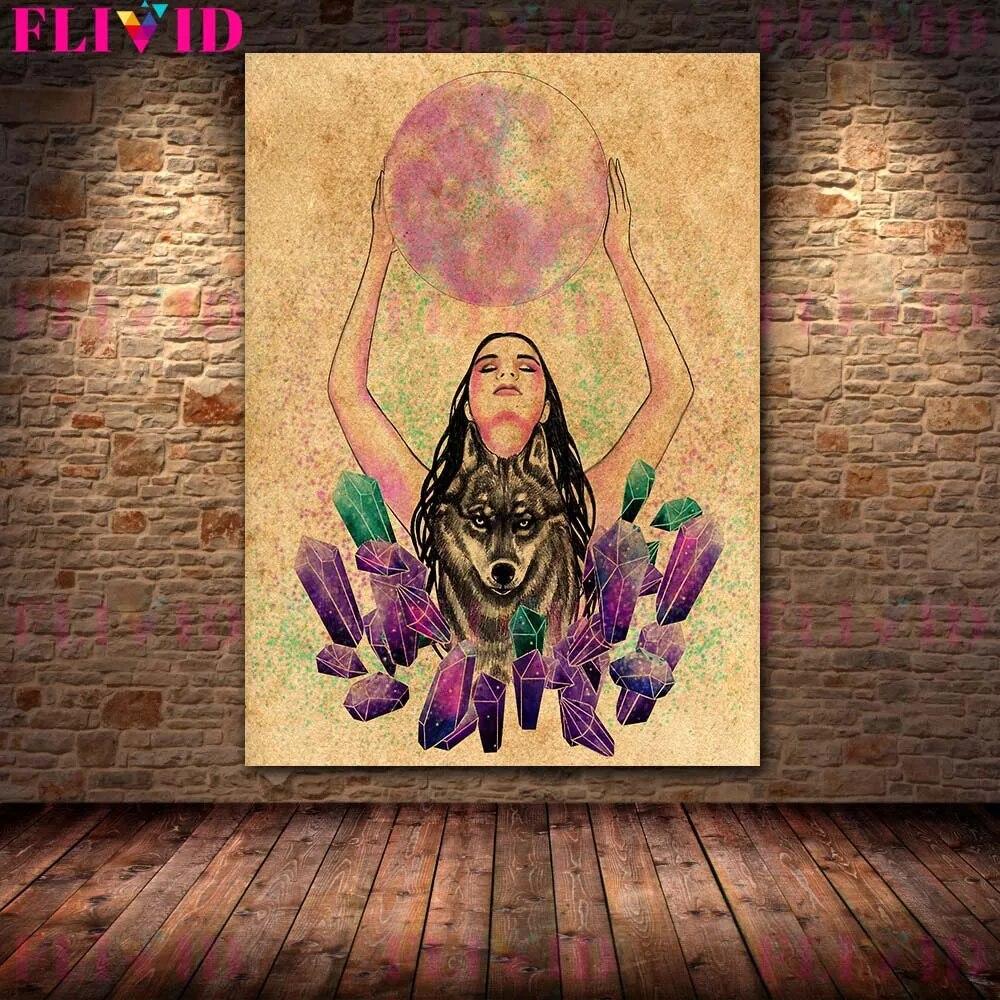 Wolf Woman And And Moon Wicca Vintage Wall Art Canvas Painting Daughters Of The Moon Art Poster And Print Home Decor No Frame